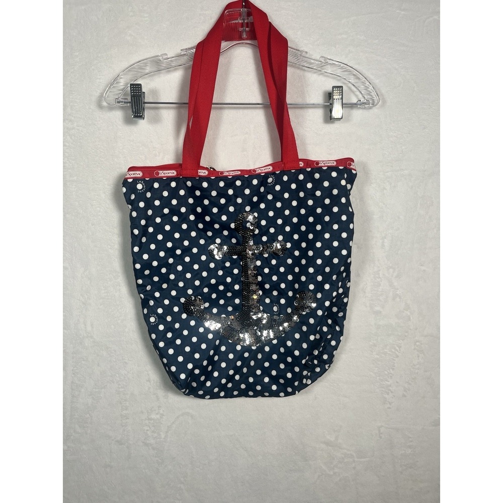 LeSportsac‎ Tote Bag Polka Dots Anchor Sequins Navy Red White Beach Nautical Zip